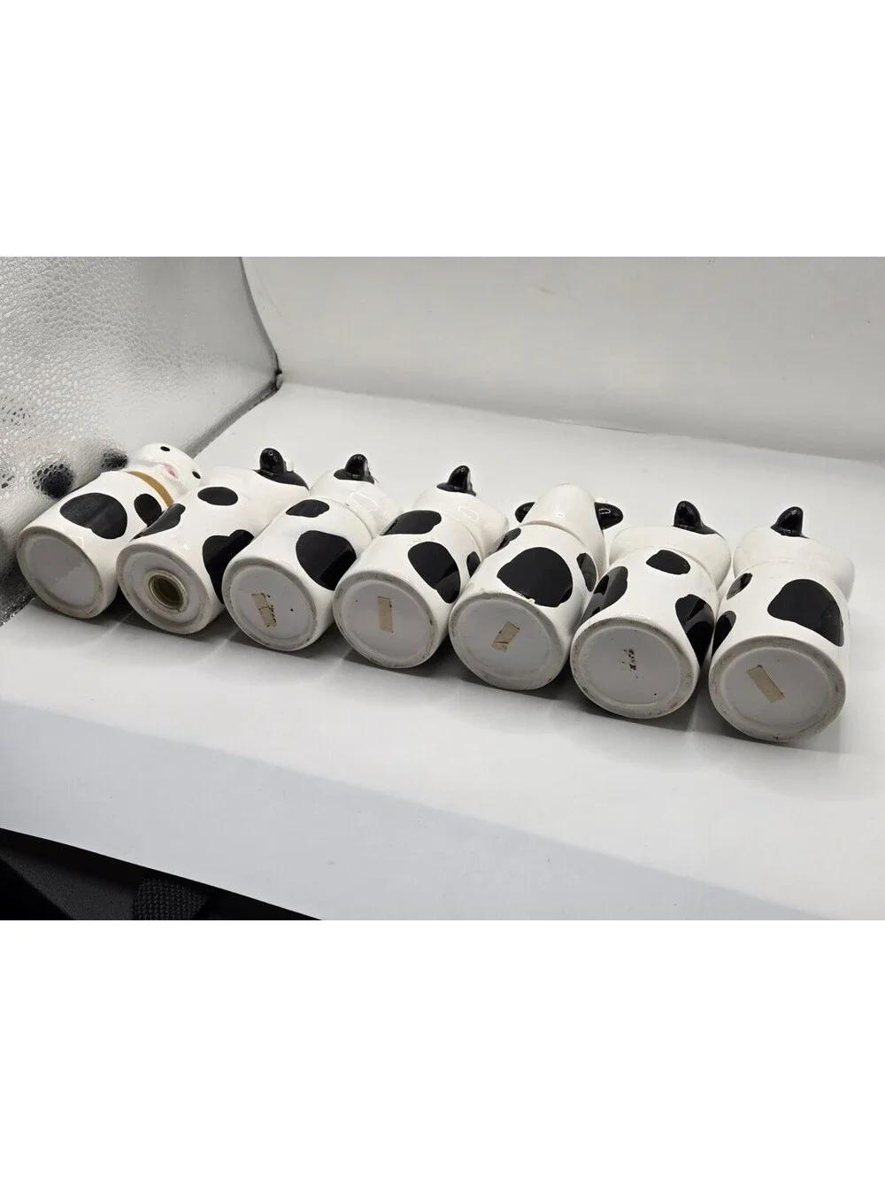 Vtg Ceramic Cow Spice Jars Shakers Set of 7 Black White Country Kitchen AS IS